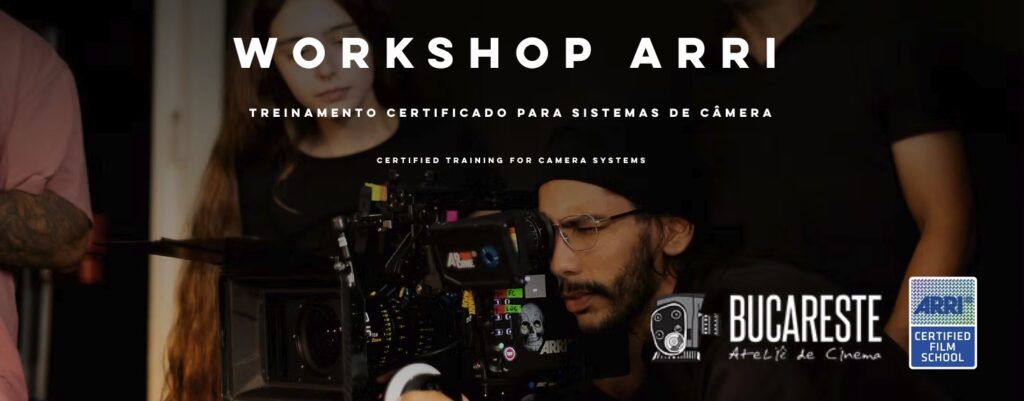 A person operates a professional camera at an ARRI workshop, conveying focus and expertise. The image promotes certified camera training at Bucareste.
